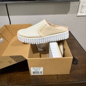 Beige Slip-On Mules with White Soles